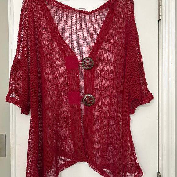 Kaktus Red Sheer Open Knit Sparkle Boho Asymmetrical Top XXL NWT Whimsigoth - Picture 3 of 13